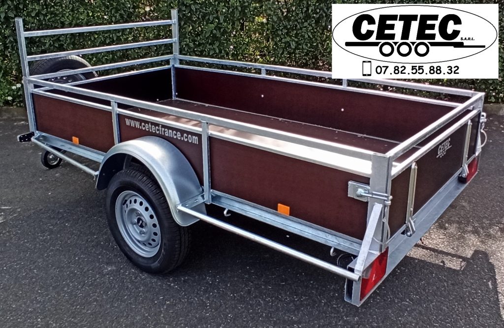 CETEC France - Remorque BW Bois 2.54 x 1.30 M à 1 essieu de 750KG, porte arrière basculante et porte échelle de serie